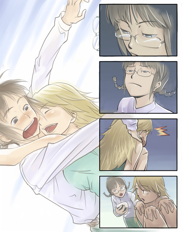 inu (aerodog), akizuki ritsuko, hoshii miki, idolmaster, idolmaster (classic), idolmaster 1, 00s, 4koma, blush, comic, glasses, hug, silent comic