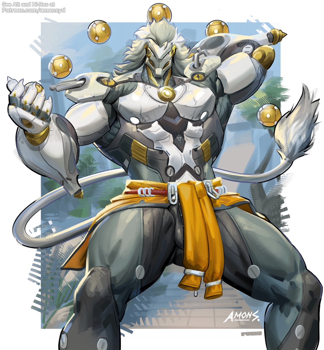 amonsyd, zenless zone zero, commentary, english commentary, highres, 1boy, banyue (zenless zone zero), bara, claws, clothes around waist, grey hair, long hair, looking at viewer, male focus, multicolored hair, muscular, muscular male, orb, robot boy, signature, tail, testicle peek, testicles, white hair