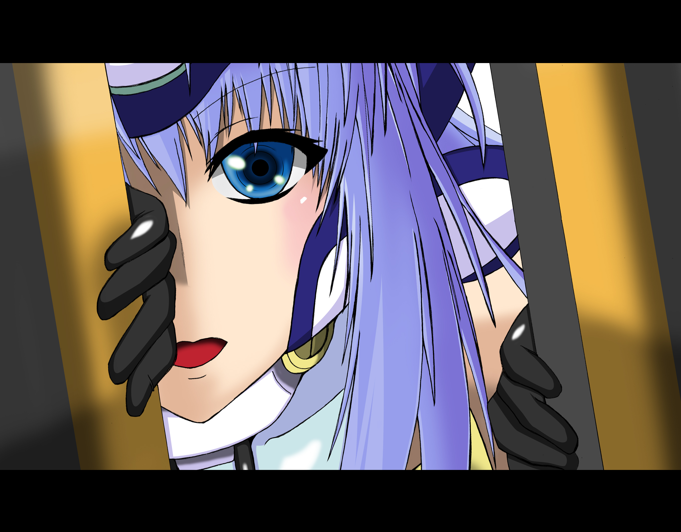 d-suke, kos-mos, kos-mos ver. 4, higurashi no naku koro ni, xenosaga, xenosaga episode iii, highres, 1girl, blue eyes, blue hair, female focus, letterboxed, matching hair/eyes, open mouth, parody, peeking out, solo