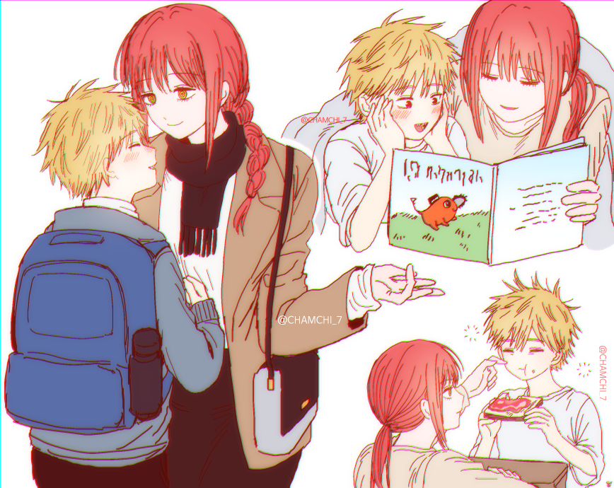 moina, denji (chainsaw man), makima (chainsaw man), pochita (chainsaw man), chainsaw man, commentary request, 1boy, 1girl, ^ ^, age difference, aged down, backpack, bag, black scarf, blonde hair, blue bag, blush, book, braid, braided ponytail, bread, bread slice, brown jacket, closed eyes, eating, food, food on face, hands on own cheeks, hands on own face, hetero, holding, holding book, jacket, lying, motherly, multiple views, on stomach, onee-shota, ponytail, reading, red hair, ringed eyes, scarf, sharp teeth, sidelocks, simple background, sleepy, smile, squeans, teeth, toast, twitter username, white background, yellow eyes