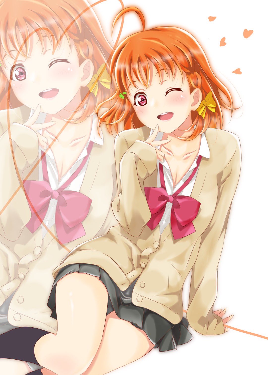 ruttsu, takami chika, love live!, love live! sunshine!!, commentary request, highres, 1girl, ;d, alternate costume, black skirt, black socks, bow, bowtie, braid, breasts, brown cardigan, cardigan, cleavage, clover hair ornament, collarbone, collared shirt, crossed bangs, dress shirt, gyaru, hair bow, hair ornament, heart, inward v, kneehighs, kogal, long sleeves, looking at viewer, loose bowtie, medium breasts, medium hair, miniskirt, one eye closed, open mouth, orange hair, pleated skirt, red bow, red bowtie, red eyes, school uniform, shirt, side braid, sitting, skirt, sleeves past wrists, smile, socks, solo, teeth, upper teeth only, v, white shirt, yellow bow, yokozuwari, zoom layer
