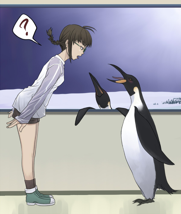 inu (aerodog), akizuki ritsuko, idolmaster, idolmaster (classic), idolmaster 1, 00s, 1girl, ?, bent over, bird, brown hair, female focus, glasses, penguin, short hair, shorts, solo