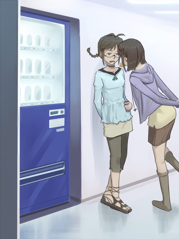 inu (aerodog), akizuki ritsuko, amami haruka, idolmaster, idolmaster (classic), idolmaster 1, 00s, brown hair, glasses, mouth hold, short hair, vending machine