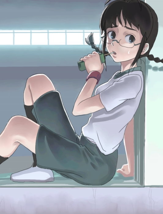 inu (aerodog), akizuki ritsuko, idolmaster, idolmaster (classic), idolmaster 1, 00s, 1girl, braid, female focus, glasses, gym uniform, indoors, juice box, socks, solo, twin braids