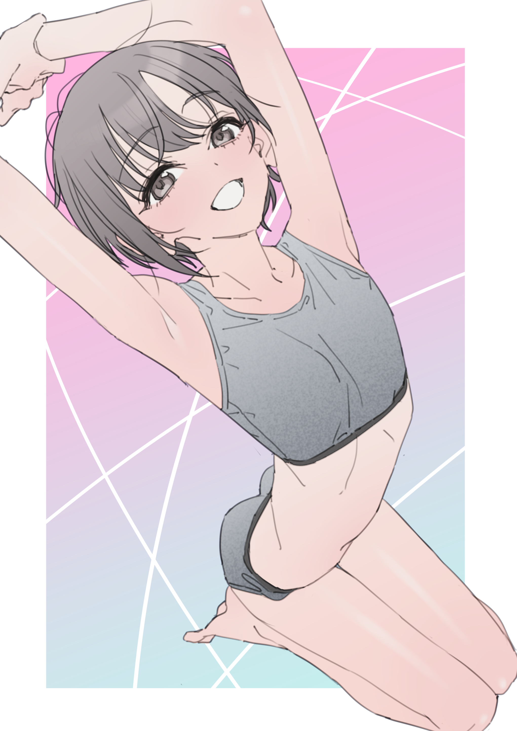 naga-agan, otokura yuuki, idolmaster, idolmaster cinderella girls, absurdres, commentary request, highres, 1girl, armpits, arms up, ass, bare arms, bare legs, barefoot, border, collarbone, flat chest, grey hair, grey panties, grey sports bra, holding own wrist, looking at viewer, navel, panties, presenting armpit, seiza, short hair, sitting, skinny, smile, solo, sports bra, underwear, underwear only, white border