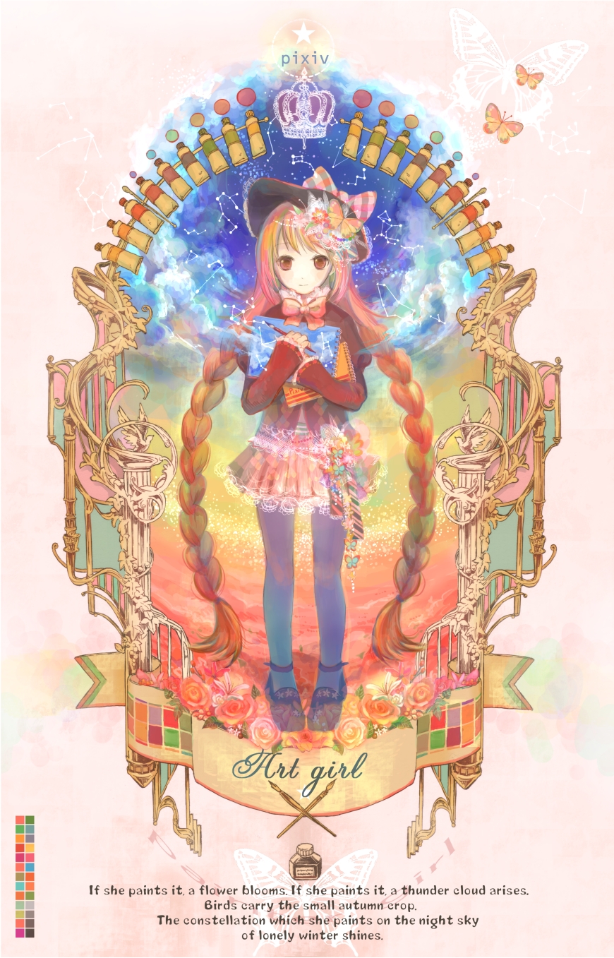 fuzichoco, original, highres, 1girl, art brush, black hat, braid, brown eyes, bug, butterfly, english text, female focus, flower, hat, insect, legs, long hair, paintbrush, pantyhose, solo, star (symbol), twin braids, twintails, very long hair