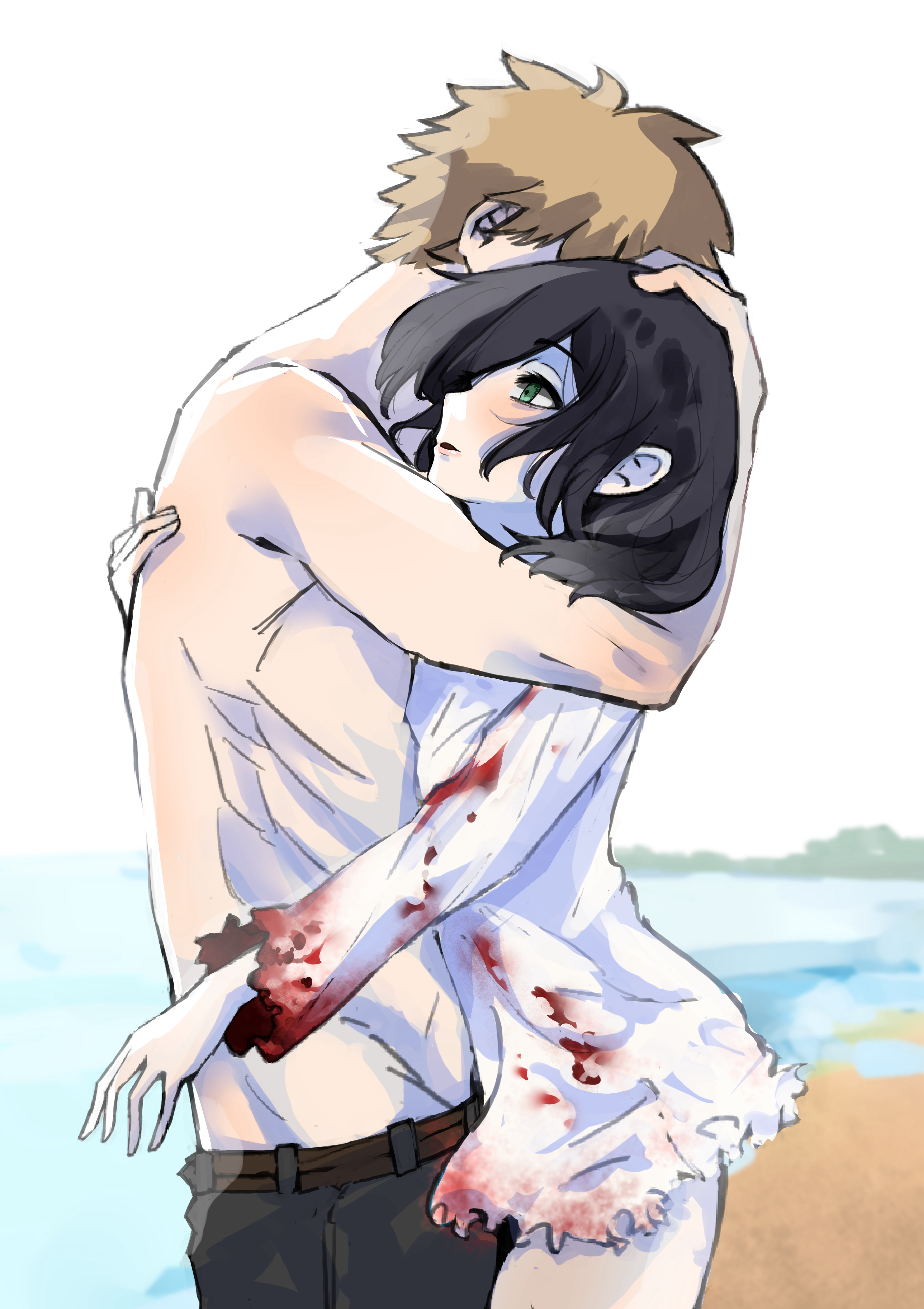 senrihinzk, denji (chainsaw man), reze (chainsaw man), chainsaw man, absurdres, commentary request, highres, 1boy, 1girl, beach, black hair, black pants, blonde hair, blood, blood on clothes, blush, green eyes, hetero, hug, looking ahead, naked shirt, outdoors, pants, shirt, topless male, white shirt