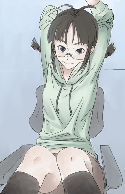 inu (aerodog), akizuki ritsuko, idolmaster, idolmaster (classic), idolmaster 1, 00s, 1girl, antenna hair, braid, brown hair, female focus, glasses, socks, solo, twin braids