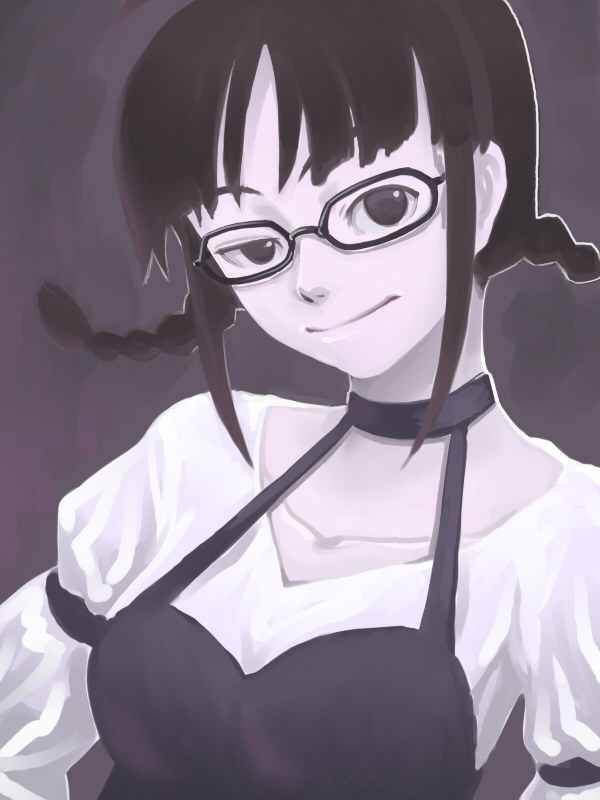 inu (aerodog), akizuki ritsuko, idolmaster, idolmaster (classic), idolmaster 1, 00s, 1girl, braid, breasts, brown hair, female focus, glasses, gradient background, smile, solo, twin braids