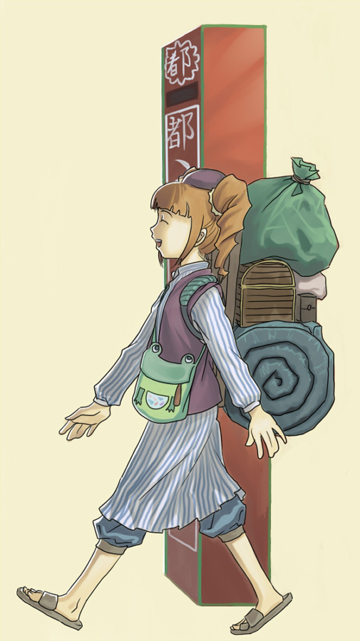 inu (aerodog), takatsuki yayoi, idolmaster, idolmaster (classic), idolmaster 1, luggage, 00s, 1girl, bag, brown hair, closed eyes, drill hair, female focus, full body, open mouth, sandals, solo, twintails, walking