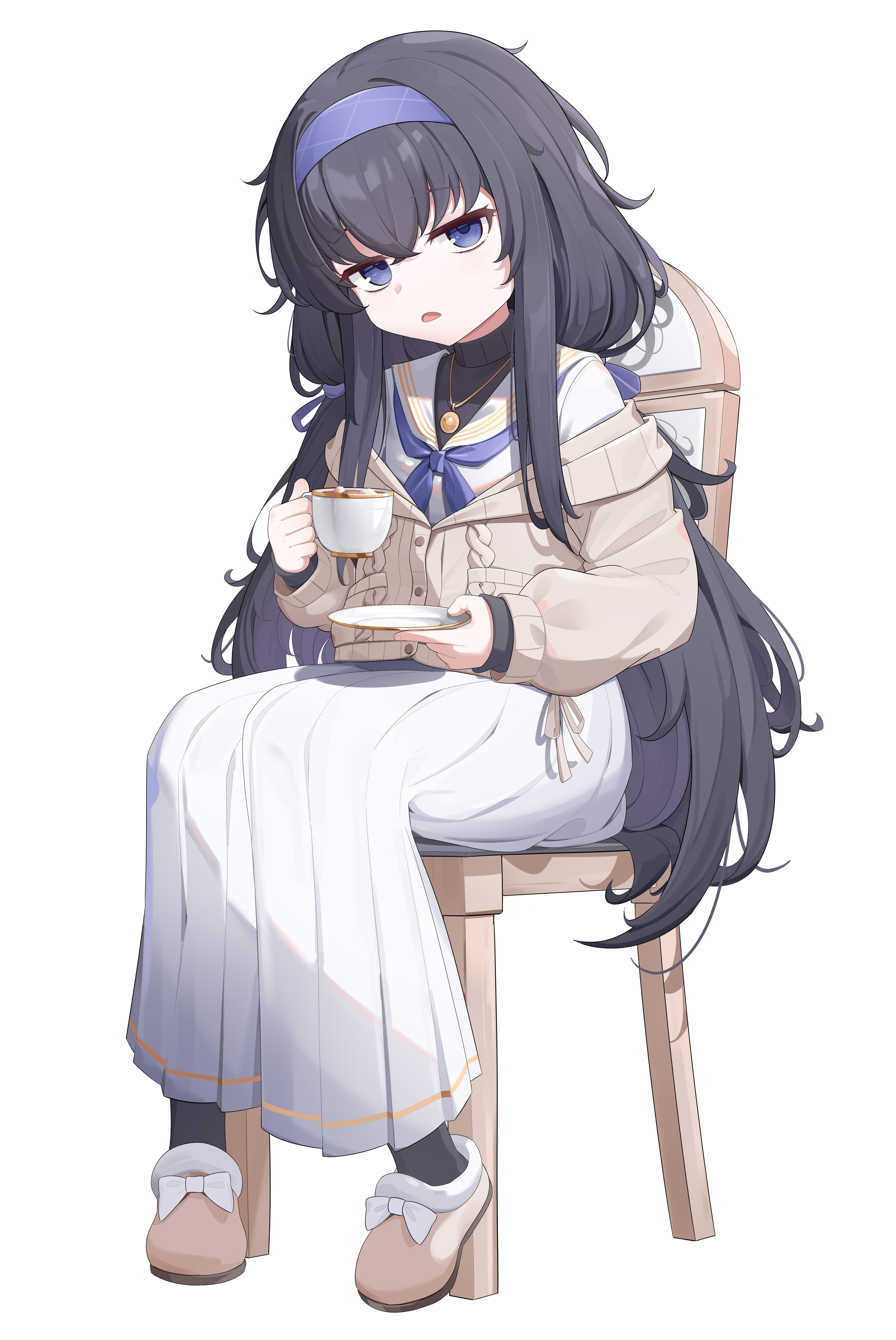 ui (blue archive), blue archive, absurdres, chinese commentary, commentary, highres, making-of available, painttool sai (medium), 1girl, bags under eyes, black hair, black pantyhose, black sweater, bow, brown slippers, brown sweater, chair, crossed bangs, cup, d:, footwear bow, full body, hair between eyes, hair ribbon, holding, holding cup, holding saucer, jewelry, jitome, layered sleeves, long hair, long skirt, long sleeves, looking at viewer, low twintails, neckerchief, necklace, no halo, off shoulder, on chair, open mouth, pantyhose, pleated skirt, puffy long sleeves, puffy sleeves, purple eyes, purple neckerchief, purple ribbon, ribbon, sailor collar, sailor shirt, saucer, shirt, sidelocks, simple background, sitting, skirt, sleeves past wrists, slippers, solo, sweater, teacup, turtleneck, turtleneck sweater, twintails, very long hair, white background, white bow, white sailor collar, white shirt, white skirt, yizhi qingwa gua