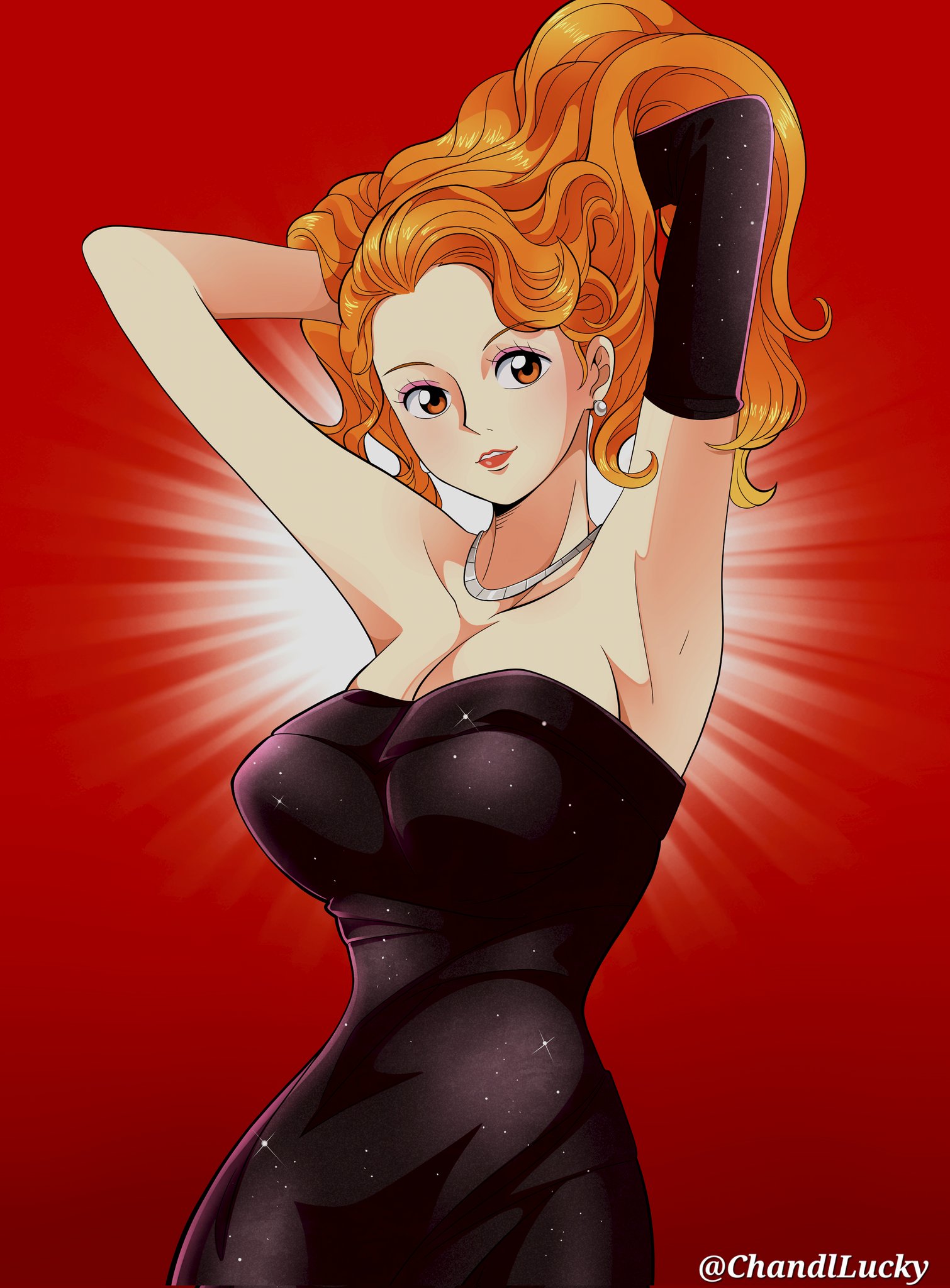 chandllucky, nami (one piece), one piece, commentary, commission, english commentary, highres, 1girl, alternate costume, armpits, arms behind head, arms up, bare shoulders, black dress, black gloves, breasts, cleavage, collarbone, dress, earrings, elbow gloves, evening gown, eyeshadow, glint, gloves, gradient background, hands in own hair, jewelry, large breasts, lips, long hair, looking at viewer, makeup, necklace, orange eyes, orange hair, parted lips, pearl earrings, red background, red lips, single glove, solo, strapless, strapless dress, twitter username, upper body, wavy hair