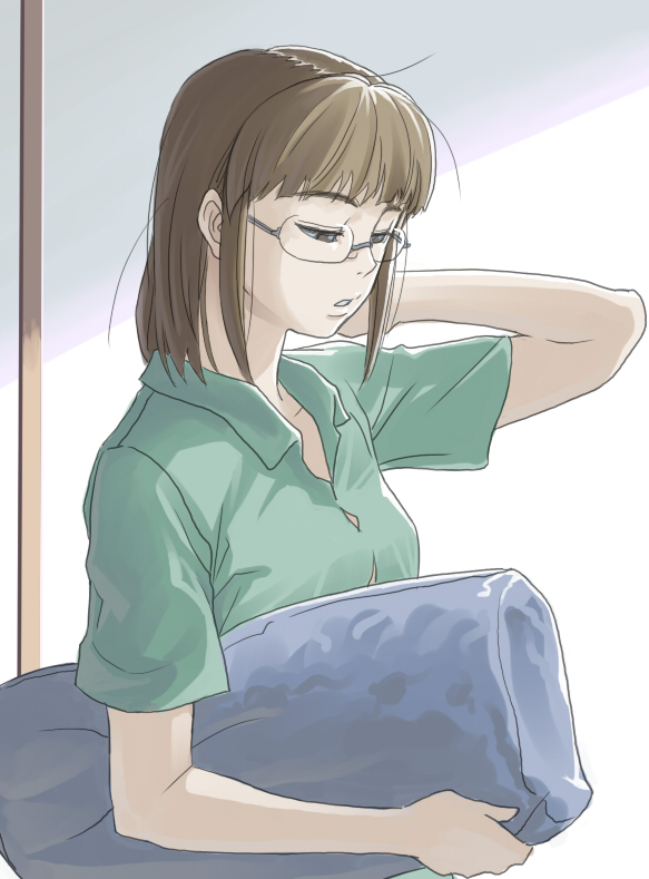 inu (aerodog), akizuki ritsuko, idolmaster, idolmaster (classic), idolmaster 1, 00s, 1girl, brown hair, female focus, glasses, pillow, solo