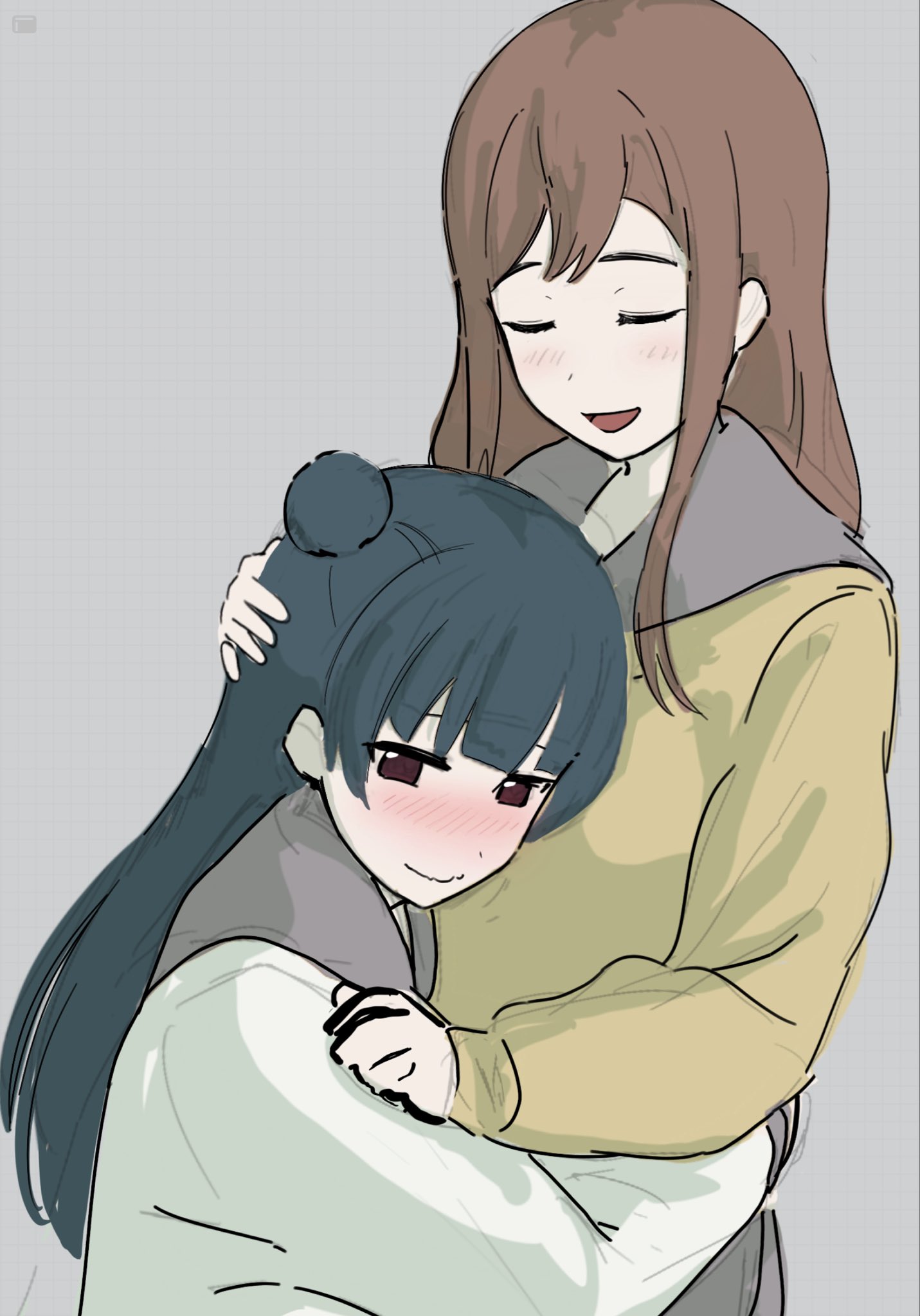 mortdecai, kunikida hanamaru, tsushima yoshiko, love live!, love live! sunshine!!, highres, 2girls, :d, blue hair, blush, brown hair, closed eyes, closed mouth, grey background, grey sailor collar, grid background, hair bun, headpat, hug, long hair, long sleeves, multiple girls, nose blush, open mouth, purple eyes, sailor collar, school uniform, serafuku, shirt, single side bun, smile, sweater, uranohoshi school uniform, wavy mouth, white shirt, winter uniform, yellow sweater, yuri