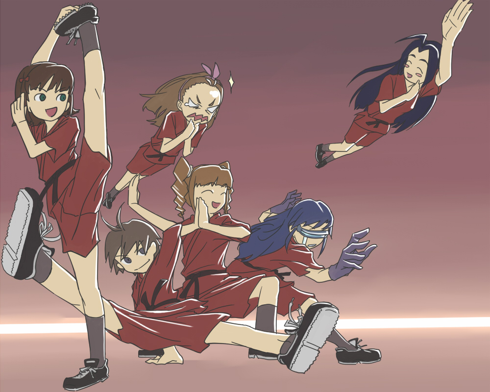 inu (aerodog), amami haruka, kikuchi makoto, kisaragi chihaya, minase iori, miura azusa, nonowa, takatsuki yayoi, idolmaster, idolmaster (classic), idolmaster 1, 00s, 6+girls, :d, blonde hair, blue hair, brown hair, flying, goggles, leg up, long hair, martial arts, multiple girls, open mouth, short hair, smile, split, spread legs, standing, standing on one leg, standing split, twintails, very long hair