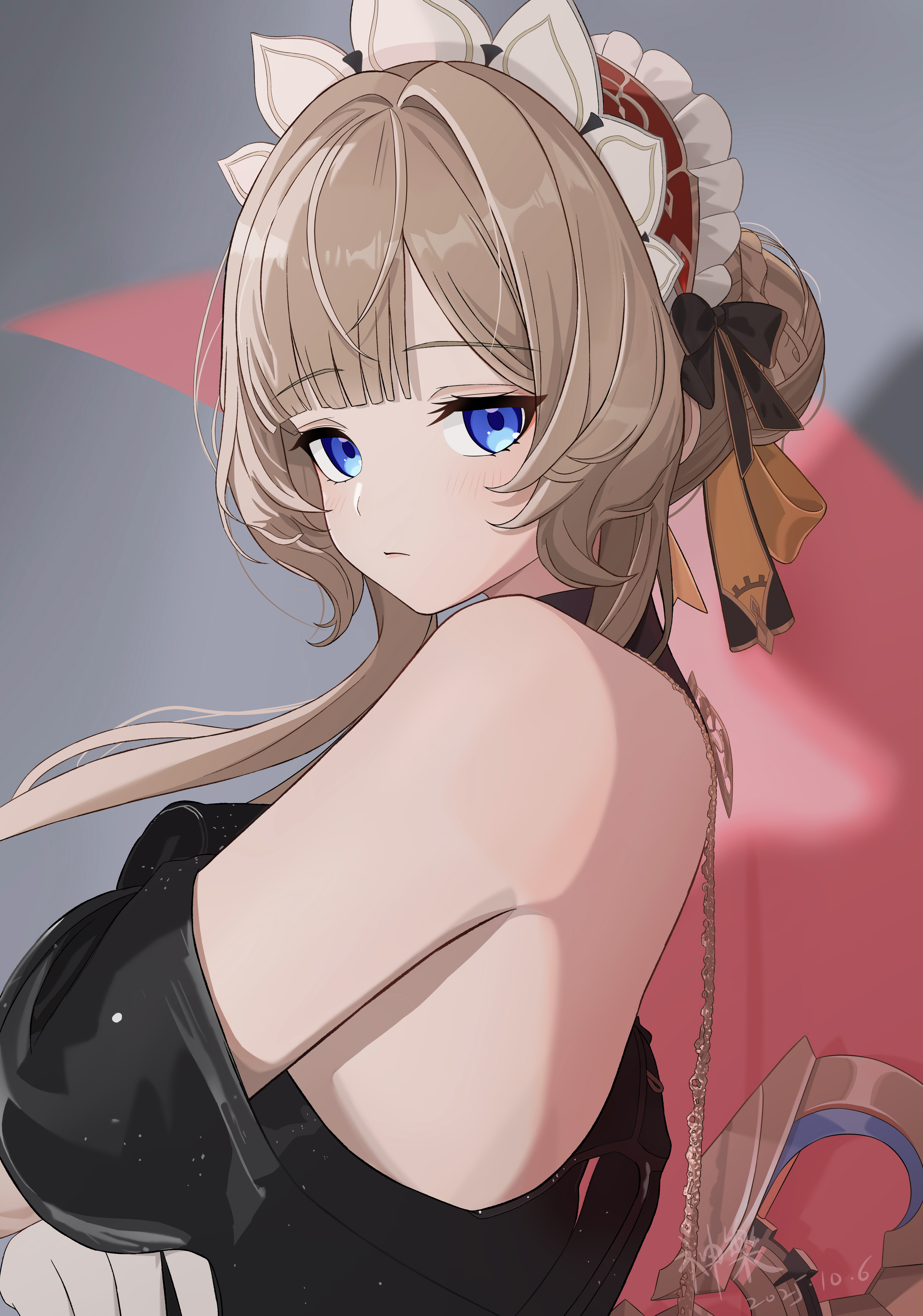 shenle, sandrone (genshin impact), genshin impact, absurdres, highres, 1girl, bare shoulders, blue eyes, blush, bow, brown hair, closed mouth, dress, headdress, long hair, looking at viewer, solo