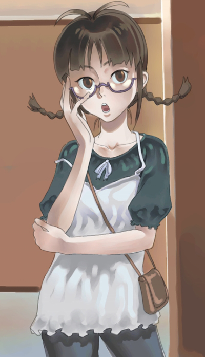 inu (aerodog), akizuki ritsuko, idolmaster, idolmaster (classic), idolmaster 1, 00s, 1girl, antenna hair, bag, braid, brown eyes, brown hair, female focus, glasses, indoors, short hair, solo, twin braids