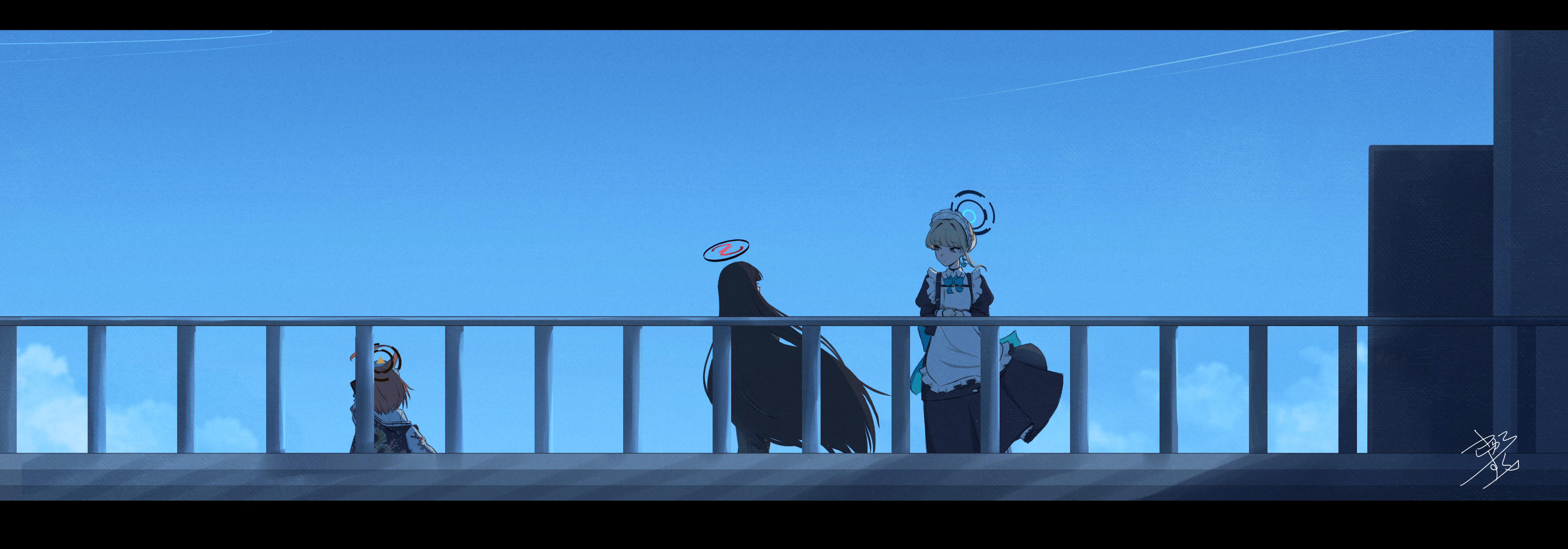 kyurosuku, neru (blue archive), rio (blue archive), toki (blue archive), blue archive, absurdres, highres, 3girls, ahoge, apron, black dress, black hair, black halo, blonde hair, blue eyes, blue halo, blue sky, bun cover, day, dress, hair bun, halo, huge ahoge, jacket, long hair, maid apron, maid headdress, multiple girls, on rooftop, orange hair, outdoors, print jacket, railing, short hair, sky, standing, sukajan, very long hair, white apron