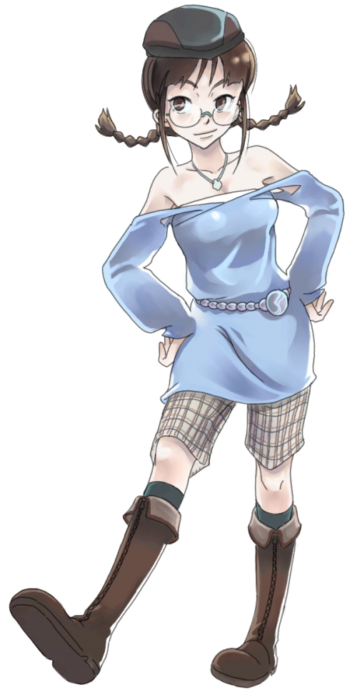 inu (aerodog), akizuki ritsuko, idolmaster, idolmaster (classic), idolmaster 1, 00s, 1girl, bare shoulders, blush, boots, braid, brown boots, brown eyes, brown hair, female focus, flat boots, glasses, hands on own hips, hat, jewelry, necklace, simple background, solo, twin braids, white background