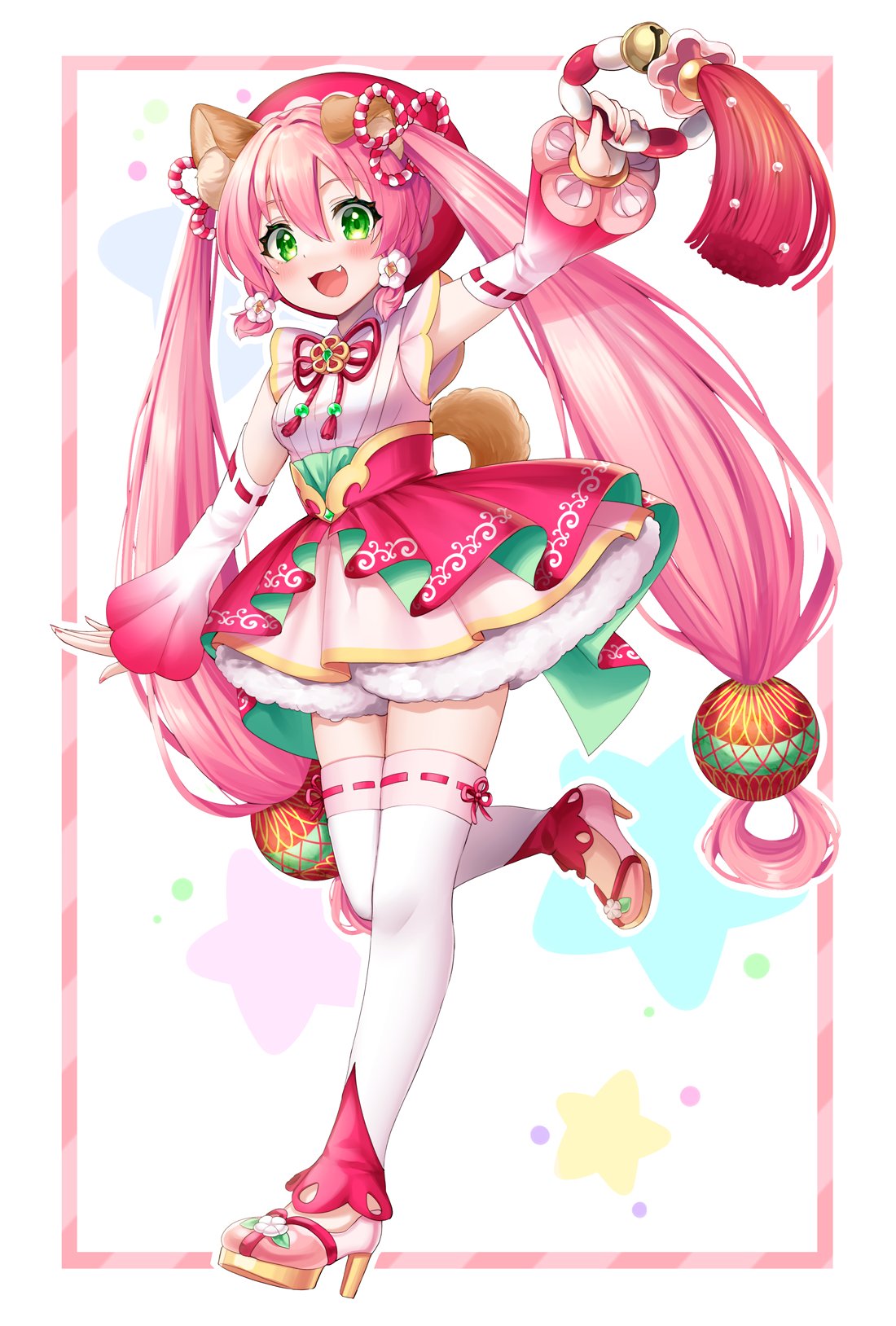 matatabi dango, indie virtual youtuber, highres, 1girl, :3, animal ears, arm up, brown tail, detached sleeves, dog ears, dog girl, dog tail, dress, fang, frilled dress, frills, green eyes, hair ornament, hat, holding, inuzuka ichigo, japanese clothes, long hair, low-tied long hair, magical girl, open mouth, pink hair, pink hat, solo, standing, standing on one leg, tail, thighhighs, twintails, very long hair, virtual youtuber, white thighhighs