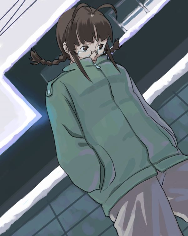inu (aerodog), akizuki ritsuko, idolmaster, idolmaster (classic), idolmaster 1, 00s, 1girl, antenna hair, braid, brown eyes, brown hair, dutch angle, female focus, from below, glasses, hands in pockets, outdoors, sidelocks, sky, solo, twin braids, walking