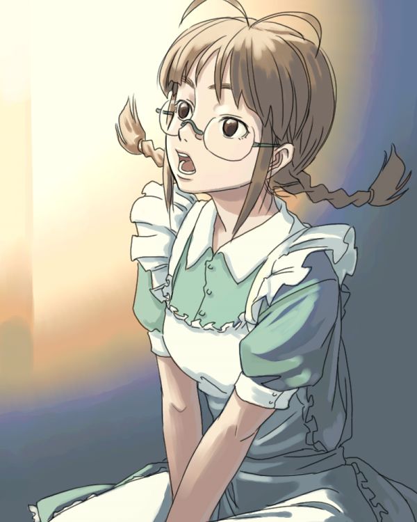 inu (aerodog), akizuki ritsuko, idolmaster, idolmaster (classic), idolmaster 1, 00s, 1girl, antenna hair, apron, braid, brown eyes, brown hair, female focus, glasses, gradient background, short hair, solo, twin braids