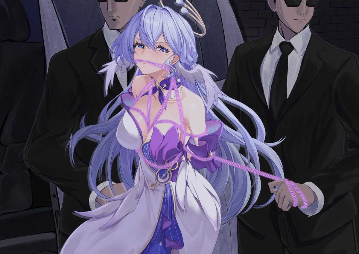 teru cats, robin (honkai: star rail), honkai: star rail, honkai (series), 1girl, 2boys, aqua eyes, arms behind back, bare shoulders, bdsm, black suit, blue hair, blush, bondage, bound, bound arms, bound wrists, breast bondage, breasts, business suit, choker, cleavage, collar, detached sleeves, dragging, dress, formal clothes, gag, gagged, hair between eyes, halo, halo behind head, head wings, jewel under eye, kidnapping, large breasts, long hair, multiple boys, pulling, purple choker, purple collar, purple rope, restrained, rope, rope gag, shibari, shibari over clothes, strapless, strapless dress, suit, sunglasses, very long hair, white dress, white wings, wings