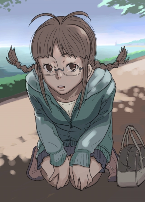 inu (aerodog), akizuki ritsuko, idolmaster, idolmaster (classic), idolmaster 1, 00s, 1girl, antenna hair, bag, braid, brown eyes, brown hair, female focus, full body, kneeling, nature, outdoors, short hair, skirt, sky, solo, twin braids