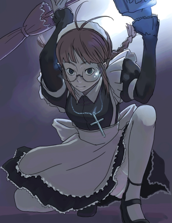 inu (aerodog), akizuki ritsuko, roberta, roberta (black lagoon), black lagoon, idolmaster, idolmaster (classic), idolmaster 1, 1girl, antenna hair, braid, broom, brown hair, cosplay, cross, female focus, garter belt, glasses, gun, kneeling, maid, roberta (black lagoon) (cosplay), roberta (cosplay), short hair, solo, squatting, thighhighs, twin braids, weapon, white thighhighs