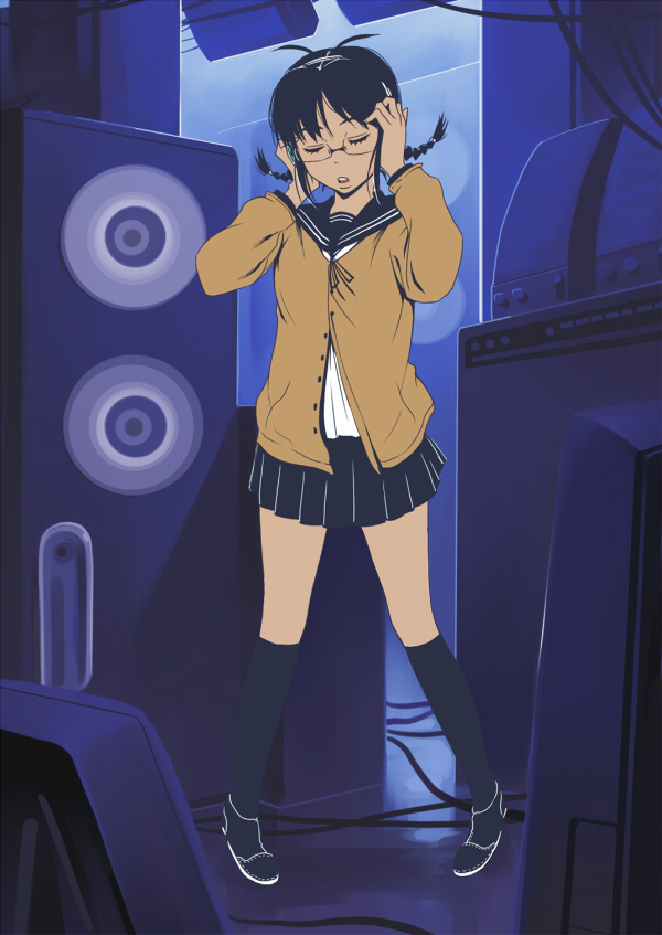 inu (aerodog), akizuki ritsuko, idolmaster, idolmaster (classic), idolmaster 1, 00s, 1girl, amplifier, closed eyes, female focus, full body, glasses, indoors, school uniform, short hair, skirt, socks, solo