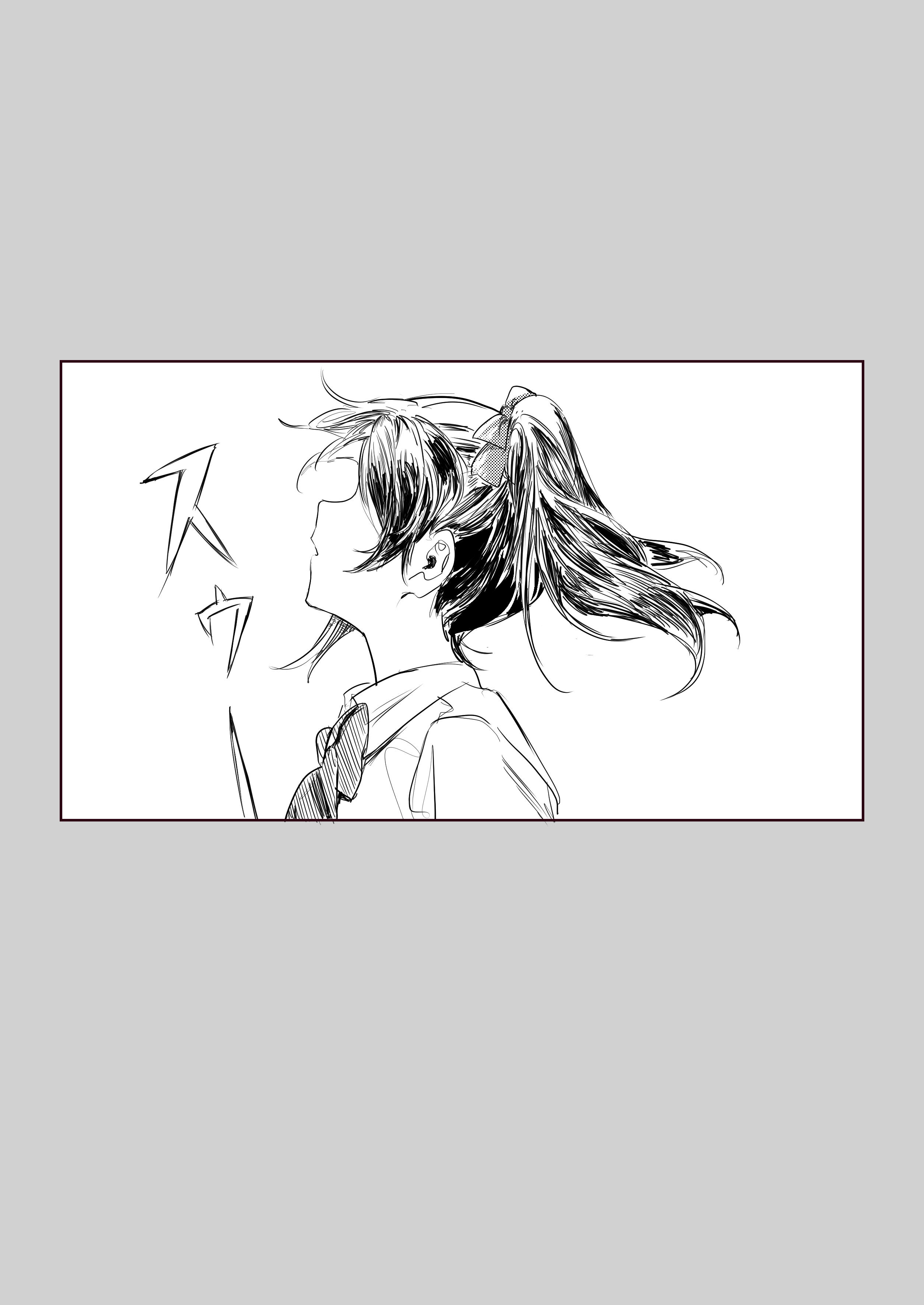 yazawa nico, love live!, love live! school idol project, absurdres, commentary request, highres, translation request, 1girl, bow, bowtie, collared shirt, greyscale, hair bow, hatching (texture), inazuma (elect line), medium hair, monochrome, otonokizaka school uniform, parted lips, profile, school uniform, shirt, solo, sound effects, summer uniform, twintails