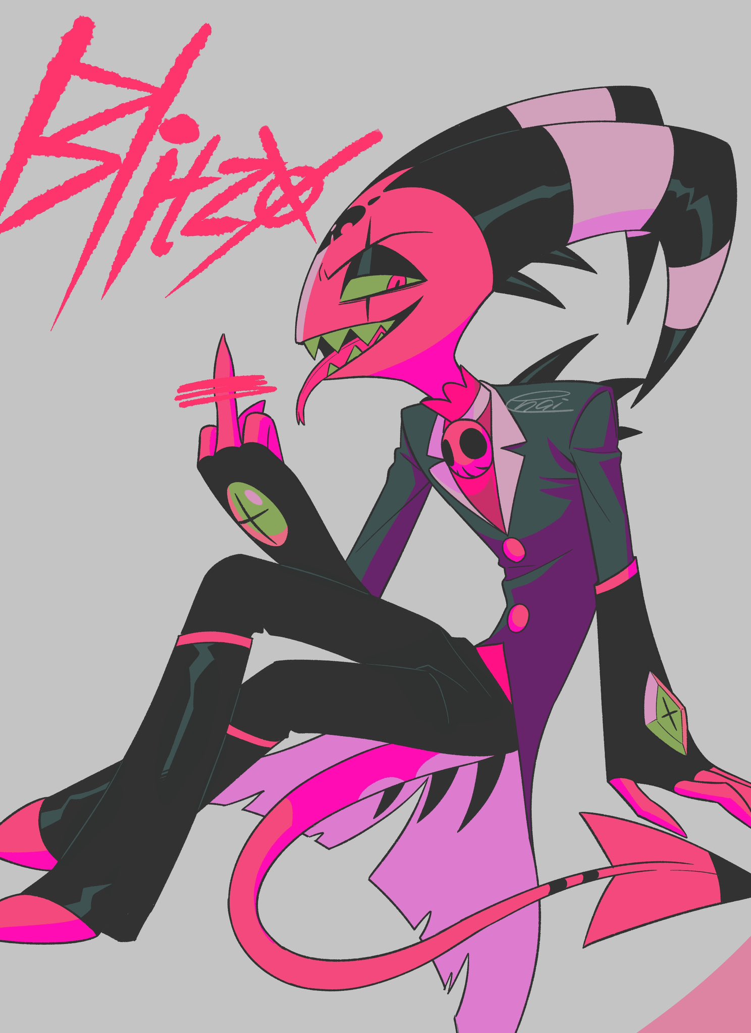 menma (enaic31), blitzo (helluva boss), hellaverse, helluva boss, commentary request, highres, 1boy, :d, bar censor, black boots, black coat, black eyeshadow, black gloves, black horns, black pants, boots, buttons, censored, character name, coat, colored sclera, colored skin, colored teeth, crossed legs, demon boy, demon horns, demon tail, eyeshadow, fewer digits, fingerless gloves, forked tongue, full body, gloves, grey background, horns, invisible chair, knee boots, long sleeves, looking at viewer, makeup, multicolored horns, open mouth, pants, pointless censoring, red eyes, red shirt, red skin, red tail, scar, scar across eye, scar on face, sharp teeth, shirt, signature, simple background, sitting, skull brooch, smile, solo, striped horns, tail, teeth, tongue, tongue out, two-tone horns, v-shaped eyebrows, white horns, yellow sclera, yellow teeth
