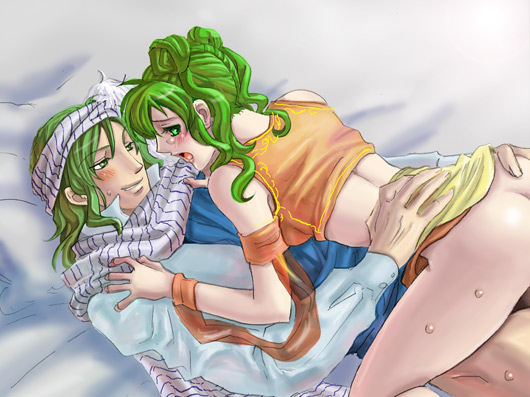 aozora kyuuji, lewyn (fire emblem), silvia (fire emblem), fire emblem, fire emblem: genealogy of the holy war, nintendo, ass grab, 1boy, 1girl, ass, bed, blush, butt crack, clothed sex, crop top, girl on top, green eyes, green hair, headband, hetero, no panties, open mouth, scarf, sex, smile, striped clothes, striped scarf, sweat, tears, wristband