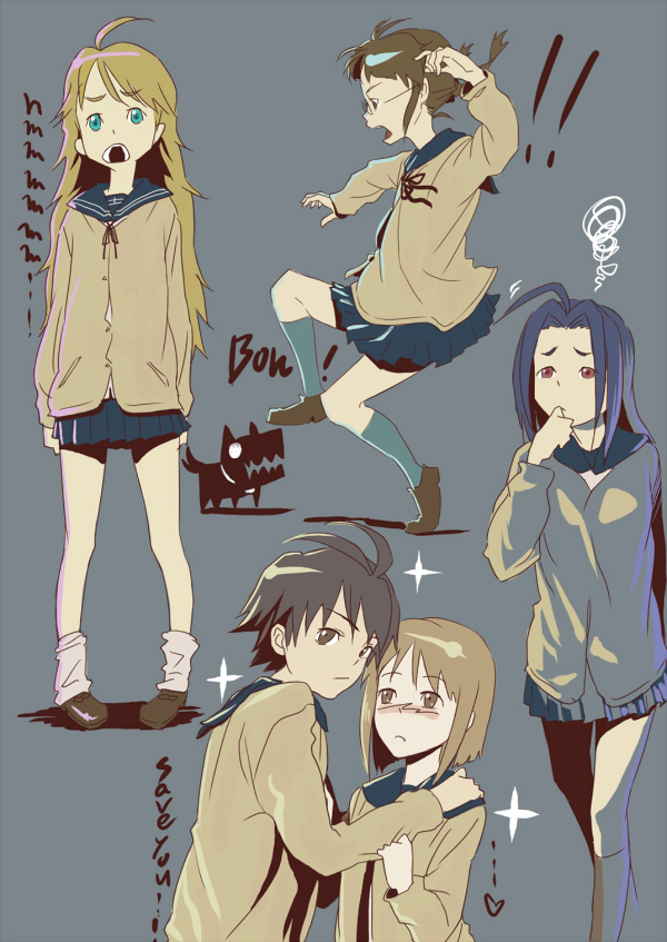 inu (aerodog), akizuki ritsuko, hagiwara yukiho, hoshii miki, kikuchi makoto, miura azusa, idolmaster, idolmaster (classic), idolmaster 1, 00s, 5girls, antenna hair, blush, multiple girls, school uniform, skirt, yukimako