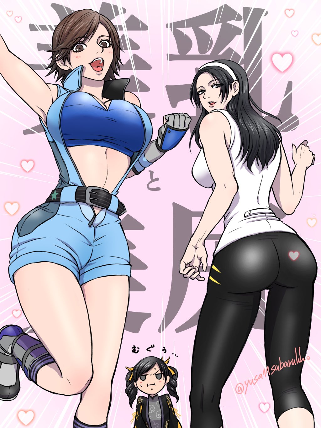 yusa (yusa11subarukko), kazama asuka, kazama jun, ling xiaoyu, tekken, tekken 8, highres, 3girls, belt, black hair, blush, breasts, brown eyes, brown hair, china dress, chinese clothes, cleavage, closed mouth, dress, fingerless gloves, gloves, hair ornament, hairband, heart, heart-shaped pupils, large breasts, long hair, looking at viewer, mature female, multiple girls, open mouth, shirt, short hair, shorts, smile, sweatdrop, symbol-shaped pupils, twintails, white hairband