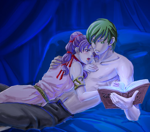 aozora kyuuji, ced (fire emblem), tine (fire emblem), fire emblem, fire emblem: genealogy of the holy war, nintendo, 1boy, 1girl, :d, bed, blanket, blue eyes, blush, book, bow, brown hair, collarbone, couple, dress, green eyes, green hair, grimoire, hair bow, hetero, hug, multi-tied hair, night, open mouth, purple hair, smile, twintails