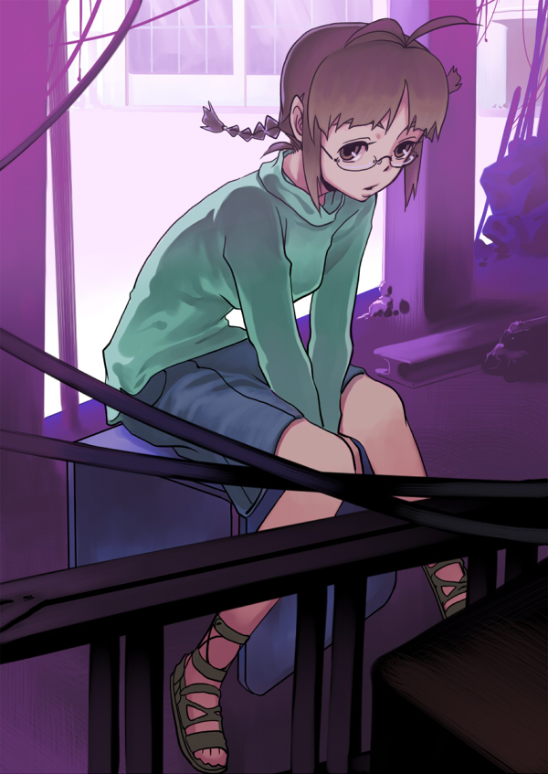 inu (aerodog), akizuki ritsuko, idolmaster, idolmaster (classic), idolmaster 1, 00s, 1girl, antenna hair, brown eyes, brown hair, female focus, glasses, indoors, short hair, sitting, skirt, solo