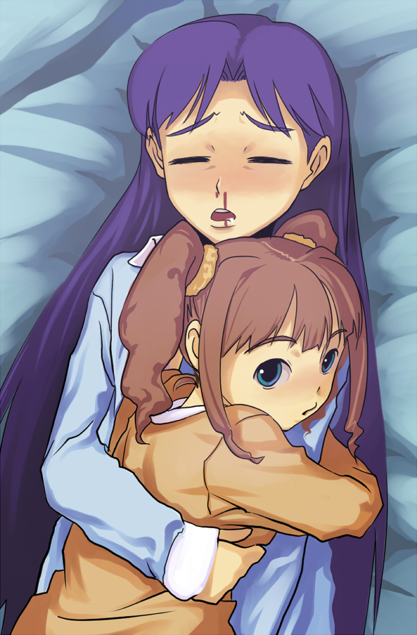 inu (aerodog), kisaragi chihaya, takatsuki yayoi, idolmaster, idolmaster (classic), idolmaster 1, 00s, 2girls, blood, blue eyes, brown hair, closed eyes, hug, long hair, multiple girls, nosebleed, purple hair, twintails, yuri