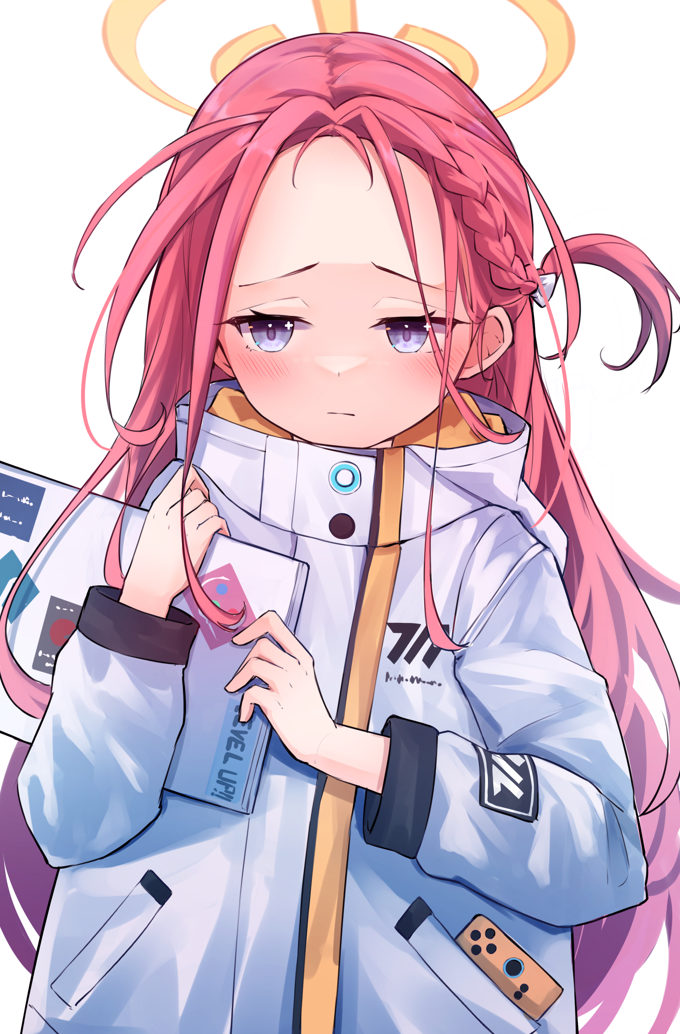 ricke 2002, yuzu (blue archive), blue archive, absurdres, commentary, highres, 1girl, blush, book, bow, braid, closed mouth, forehead, furrowed brow, hair bow, halo, holding, holding book, hood, hood down, hooded jacket, jacket, long hair, long sleeves, multicolored jacket, object in pocket, one side up, parted bangs, pocket, power symbol, purple eyes, red hair, side braid, simple background, single braid, solo, straight-on, symbol in eye, upper body, very long hair, white background, white bow, white jacket, yellow halo, yellow jacket