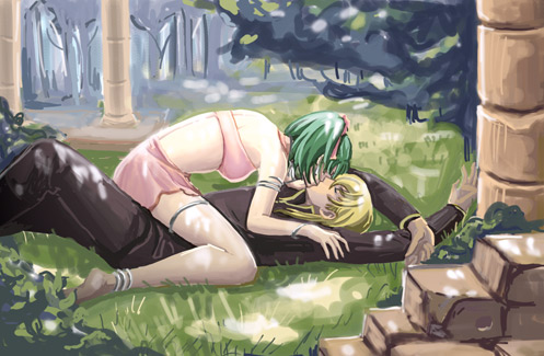 aozora kyuuji, ares (fire emblem), lene (fire emblem), fire emblem, fire emblem: genealogy of the holy war, nintendo, lowres, 1boy, 1girl, anklet, armlet, assertive female, bare arms, bare shoulders, barefoot, blonde hair, bracelet, column, cowgirl position, feet, from side, girl on top, grass, green hair, hetero, jewelry, kiss, midriff, miniskirt, nature, no bra, on floor, on grass, outdoors, pillar, pink skirt, ruins, short hair, skirt, straddling, thigh strap, thighhighs, tree