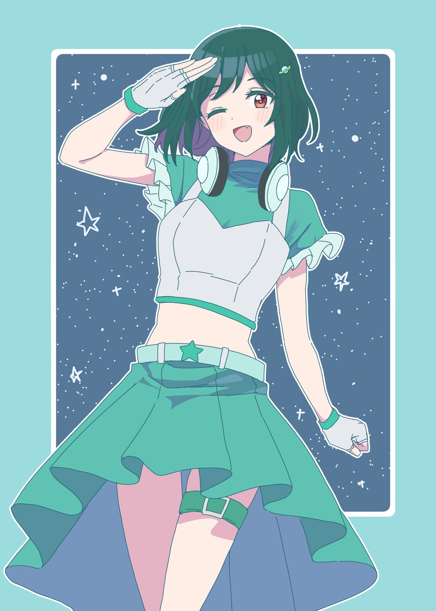 taiyakippassion, mifune shioriko, love live!, love live! nijigasaki high school idol club, commentary, highres, 1girl, ;d, aqua border, border, breasts, cleavage, clenched hand, cowboy shot, fang, fingerless gloves, frilled sleeves, frills, gloves, green hair, green shirt, green skirt, grey gloves, headphones, headphones around neck, high-low skirt, looking at viewer, medium hair, midriff, miniskirt, one eye closed, open mouth, outside border, pleated skirt, red eyes, salute, shirt, short sleeves, skirt, smile, solo, star (sky), starry sky background