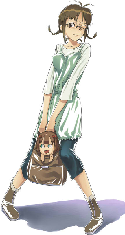 inu (aerodog), akizuki ritsuko, nonowa, idolmaster, idolmaster (classic), idolmaster 1, 00s, bag, braid, brown hair, glasses, twin braids