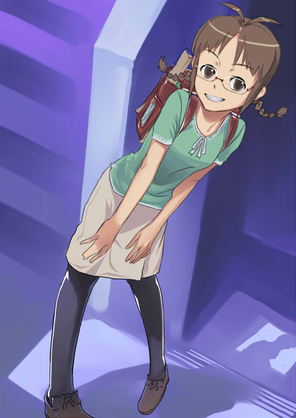 inu (aerodog), akizuki ritsuko, idolmaster, idolmaster (classic), idolmaster 1, 00s, 1girl, antenna hair, backpack, bag, braid, brown eyes, brown hair, female focus, glasses, indoors, pantyhose, randoseru, short hair, skirt, smile, solo, twin braids