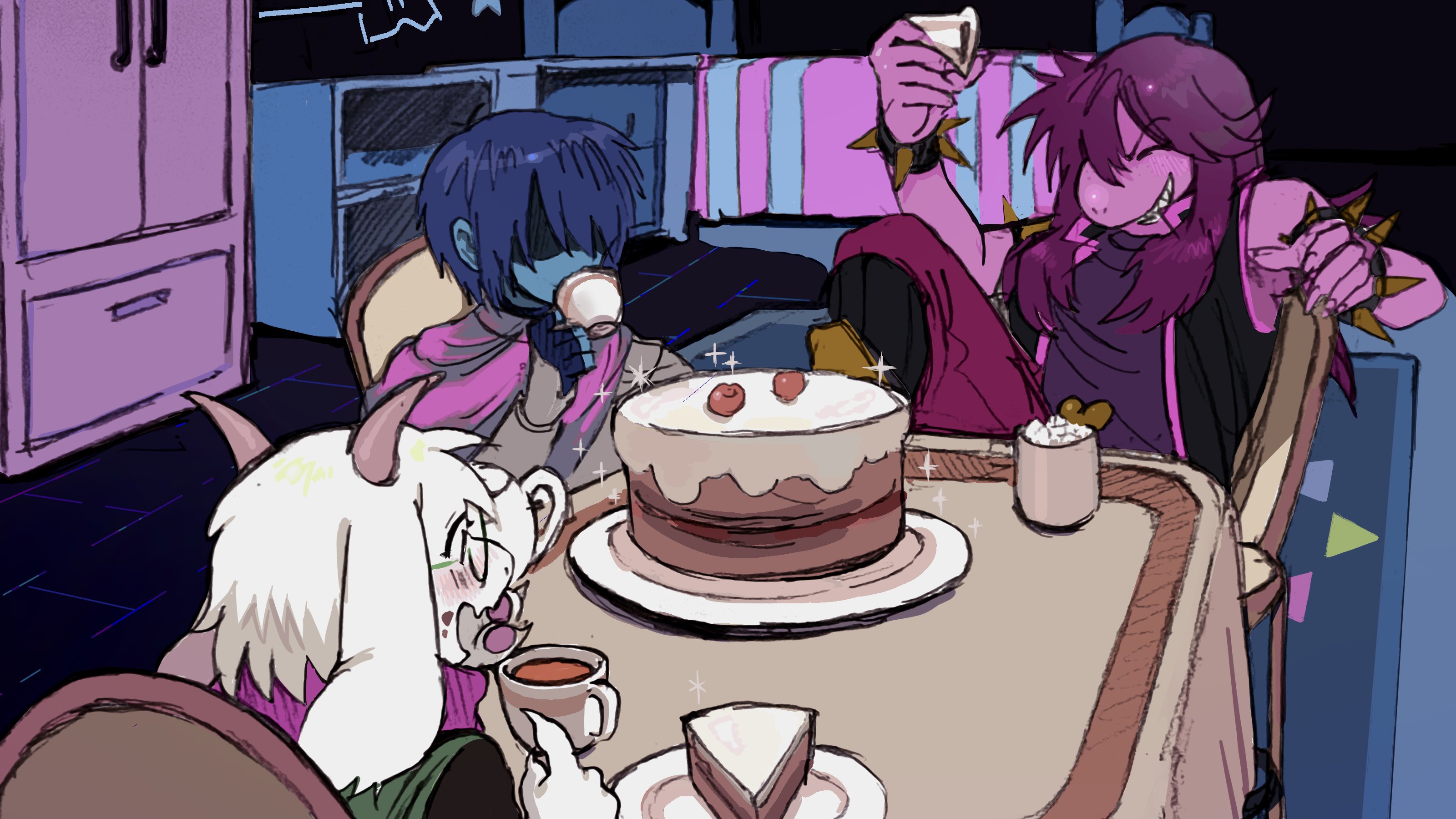 nas u, kris (dark world) (deltarune), kris (deltarune), ralsei, susie (dark world) (deltarune), susie (deltarune), deltarune, utdr (toby fox), absurdres, commentary, highres, symbol-only commentary, 1boy, 1girl, 1other, bedroom, black vest, blue hair, blush, bracelet, cake, cake slice, capelet, closed eyes, closed mouth, cup, drinking, floppy ears, food, green robe, grin, holding, holding cup, horns, hot chocolate, jewelry, looking at another, open mouth, pink capelet, pink hair, pink shirt, robe, shirt, sitting, smile, sparkle, spiked bracelet, spikes, teacup, vest, white fur