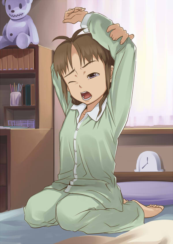 inu (aerodog), akizuki ritsuko, idolmaster, idolmaster (classic), idolmaster 1, 00s, 1girl, barefoot, bedroom, brown hair, female focus, full body, indoors, pajamas, plantar flexion, short hair, sleepy, solo, stretching, yawning