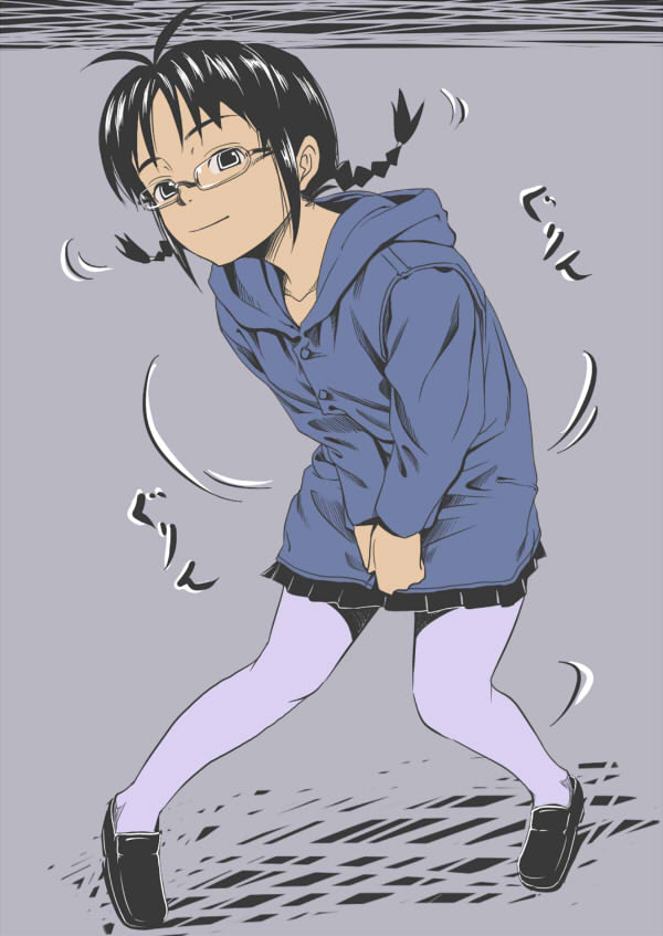 inu (aerodog), akizuki ritsuko, idolmaster, idolmaster (classic), idolmaster 1, 00s, 1girl, braid, female focus, full body, glasses, pantyhose, skirt, smile, solo, twin braids