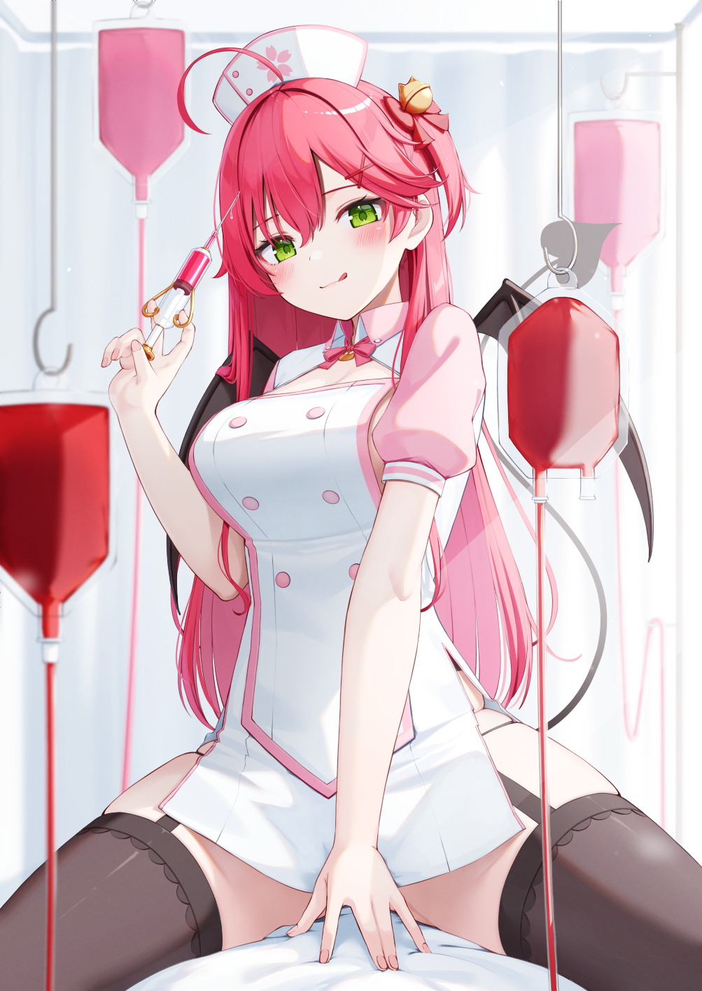nyan (reinyan 007), sakura miko, hololive, commentary, english commentary, highres, mixed-language commentary, 1girl, ahoge, bell, black garter straps, black tail, black thighhighs, black wings, blush, bow, breasts, closed mouth, demon tail, demon wings, dress, fingernails, garter straps, green eyes, hair bell, hair between eyes, hair bow, hair ornament, hairclip, hat, holding, holding syringe, intravenous drip, jingle bell, large breasts, long hair, looking at viewer, nail polish, neck ribbon, nurse, nurse cap, one side up, pink dress, pink hair, pink nails, pink ribbon, red bow, ribbon, short sleeves, sitting, skindentation, smile, solo, syringe, tail, thighhighs, thighs, tongue, tongue out, virtual youtuber, white dress, white hat, wings