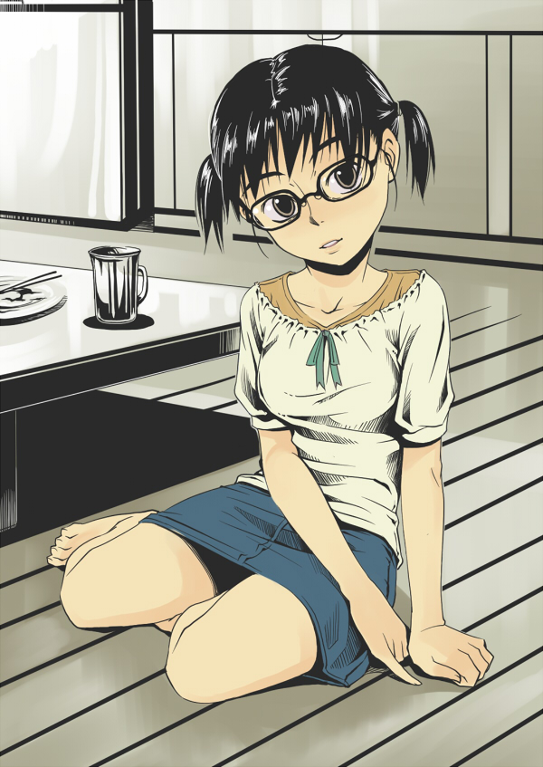 inu (aerodog), original, barefoot, black hair, glasses, kneeling, pinky out, short hair, short twintails, sitting, skirt, solo, twintails