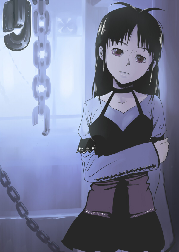 inu (aerodog), akizuki ritsuko, idolmaster, idolmaster (classic), idolmaster 1, 00s, 1girl, antenna hair, brown eyes, chain, female focus, indoors, long hair, no eyewear, solo