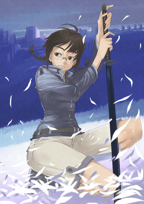 inu (aerodog), akizuki ritsuko, idolmaster, idolmaster (classic), idolmaster 1, 00s, 1girl, belt, braid, brown hair, female focus, glasses, katana, kneeling, on one knee, outdoors, petals, short hair, sky, solo, squatting, sword, twin braids, weapon